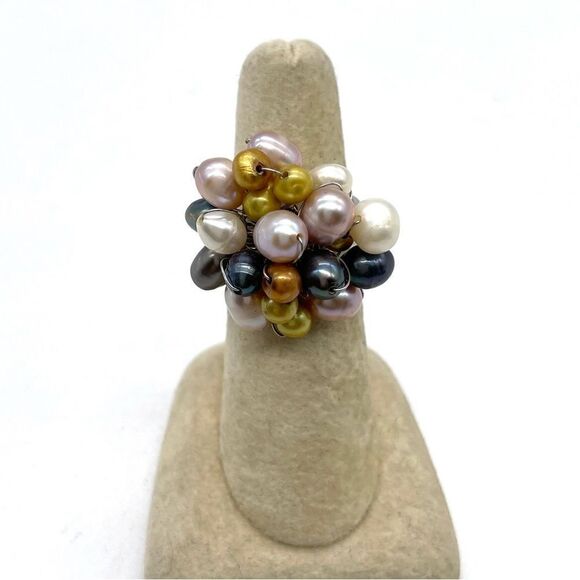 Multicolor Fresh Water Pearls on Silver tone Adjustable Ring - Picture 1 of 5